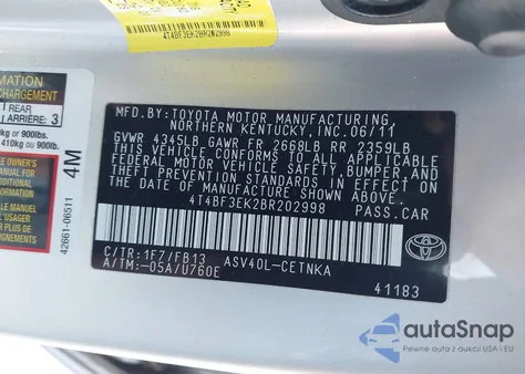 2011 Toyota Camry from USA, damaged, VIN 4T4BF3EK2BR202998